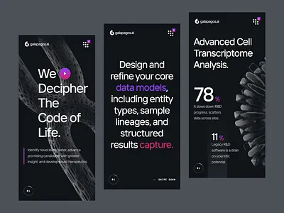 Galapagos.ai — Mobile UI/UX Interaction 2 3d animation biology biotech cancer cell cure dark dna gene health interaction landing page medicine menu mobile pharma science ui ux