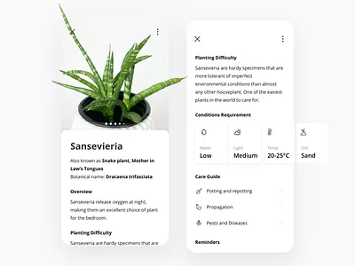 Plants app - Details page app cards care care guide description flower garden home garden ios mobile plants product details product page prototype reminder sliders ui ux weather
