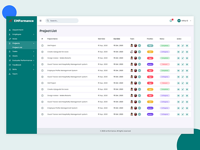 EMformance Ui Design admin dashboard product design project list uidesign user experience website