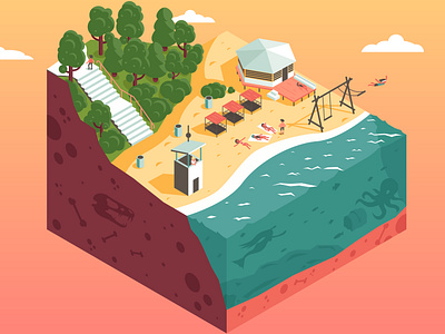 academ beach beach cube flat illustration isometric landscape sea sunny vector