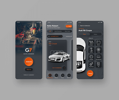 G7 - App for Mechanics app automotive dark theme design handbook mechanics product design ui ux