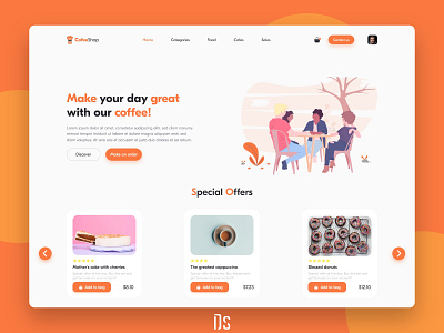 CoffeeShop - Website Design cake coffee coffee cup coffee shop coffeeshop donuts food illustrations ui uidesign uiux uiuxdesign ux web web design webdesign website website design