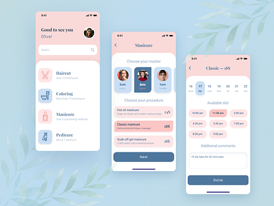 Beauty Bar - Booking App app application beauty beauty salon blue booking calendar concept design figma hair salon haircut interface minimal nail nail salon pink schedule ui