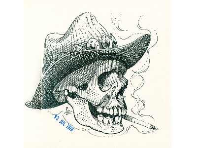 Cowboy's skull black and white character character design cowboy crosshatching drawing etching graphic illustration ink pen drawing sketch skull smoking western woodcut