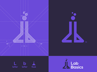 Lab Basics - Logo Design b letter brand identity branding case study creative logos custom logo flask logo grid layout initial logos l letter lab lab logo letter logos lettering logo designer logomark logotype medical logo modern logos purple logo