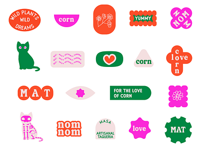 Masa Artisanal Taqueria Stickers artisanal branding bright cat colorful colors corn eye flower green illustration love nomnom pink red sticker stickers taco visual identity yummy