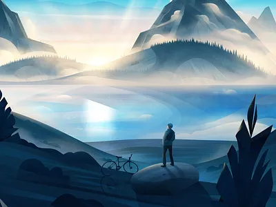 Greeting The Sun bicycle cody muir cycling illustration illustrator lake magicmuir mountain biking mountains nature nature art nature illustration outdoors sunrise vector wilderness