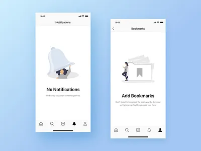 No Notifications & Add Bookmarks | Empty States Screens app bookmark empty screen empty state illustraion message app messaging messenger notification socialmedia ui ux ux writing