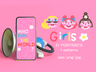 Girls PORTRAITS & patterns set cartoon character design face feminism girl girl power illustration pattern seamless pattern seamless patterns vector