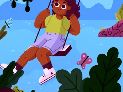 ヽ║ ˘ _ ˘ ║ノ character character design child curly hair girl illustration illustrator jungle kid kidlit kidlitart mountains swing texture vector water