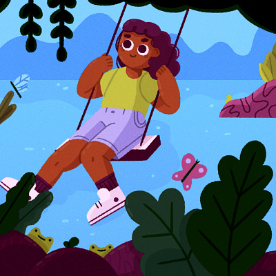 ヽ║ ˘ _ ˘ ║ノ character character design child curly hair girl illustration illustrator jungle kid kidlit kidlitart mountains swing texture vector water