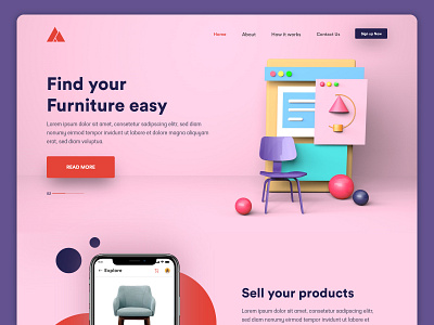 Furniture app Landing page UI 3d 3d art adobe adobe xd app branding c4d consept design graphicdesign illustration logo mobileapp typogaphy ui uiux vector webdesign