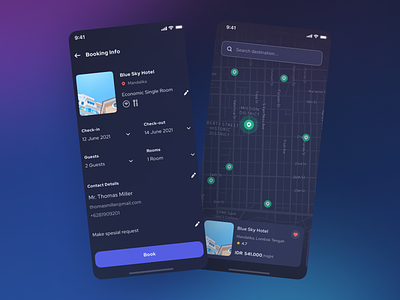 Brooms - Booking Info & Maps Page (Dark Mode) booking apps booking info booking page custom maps dark mode holiday homestay hotel management hotels ios location maps minimal mobile mobile app traveling trip ui ui kit ux