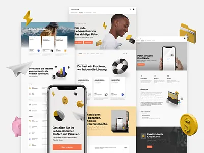 Fintech Landing Pages and Onboarding Concept 3d airplane banking clean coin finance fintech flash folder icons iphone kawai landing page mockup modal modules packages pig shadows website