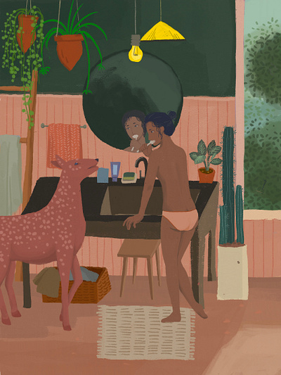 Brush teeth in bathroom with a deer deer draw girl illustraion lifestyle pink relaxing