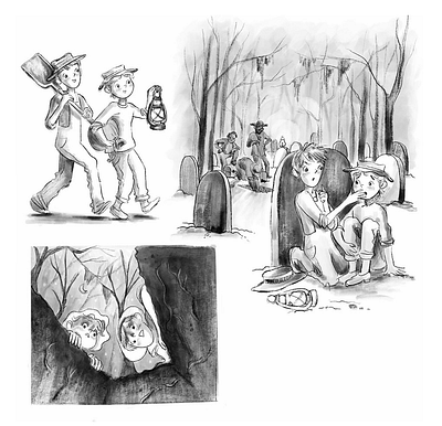 Sequential art black and white cemetery grave illustration illustrator kids middle grade sleepy hollow spooky spot art