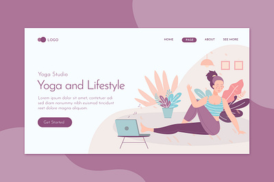 Yoga & Lifestyle Landing Page Flat Concept body exercise female fitness health healthy illustration landing lifestyle meditation people relax relaxation sport training website woman yoga