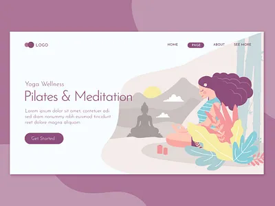 Pilates & Meditation Landing Page Flat Concept Template body character exercise female fitness health healthy illustration landing lifestyle meditation people relax relaxation sport training website woman yoga