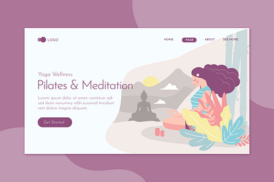 Pilates & Meditation Landing Page Flat Concept Template body character exercise female fitness health healthy illustration landing lifestyle meditation people relax relaxation sport training website woman yoga