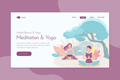 Meditation and Yoga Landing Page Flat Concept Template body character exercise female fitness health healthy illustration landing lifestyle meditation people relax relaxation sport training website woman yoga