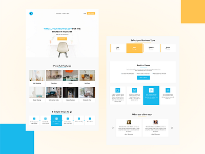 Homepage for MS app ui branding business clean design clean ui features hero section homepage minimalist design papercut property search real estate sky blue soft ui square steps testimonial ui ux website yellow