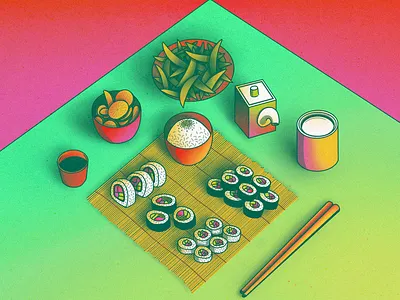 StillHereStillLife Week 13 beans bowl can chopsticks citrus drawing edamame fruit illustration mat neon plate procreate rice soy sauce still life sushi sushi roll table vibrant