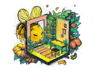 Vanishing bee | Исчезающая пчела bee bee drawing drawing flowers illustration hand drawing illustration ink isometric art isometric room isometry room watercolour markers yellow and green изометрия иллюстрация комната пчела