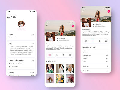 The Makeup App accordion beauty card favorites list makeup makeup artist mobile app mobile ui photo grid tabs treinetic ui uiux ux