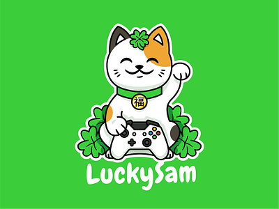 LuckySam t-shirt illustration animal cartoon cat kitty character clover cute flat funny green illustration joypad luck lucky maneki neko mascot outline paw t shirt design twitch vector videogames