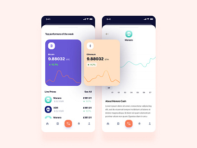 Crypto app concept analytics app bitcoin black blue coins colour crypto design fintech graphs ios market minimal product design trading ui