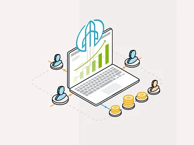 Affiliates company connection data design isometric laptop marketing money partnership rocket sales service statistic team technology user vector web