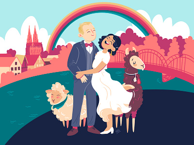 Peruvian-German wedding bride character couple germany illustration koln llama love peru rainbow sheep travel vector wedding