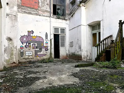 AMPHIBIEN ARME abandoned abstract acrylic artwork design dribbble france freestyle illustration mural naiveart painting pigeon publicart purple riqetiq salamander spraypaint swords wallpainting