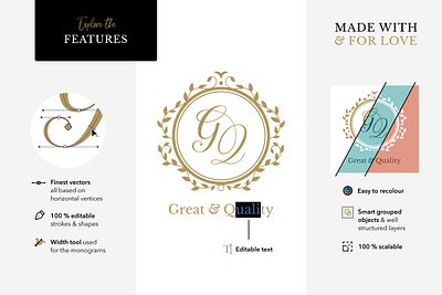 Made with & for love (the features) calligraphy editable elegant floral frame get married gold handcrafted handmade initials leaves logo marry monogram script traditional typography vector wedding wedding monogram
