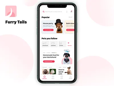 Furry Tails - Discover app app design card cat design designflows discover dog elegant furry homepage inspiration iphone minimal pet pets tails ui ux