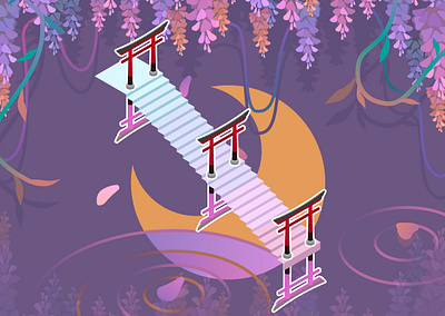 Wisteria flowers and moon illustration