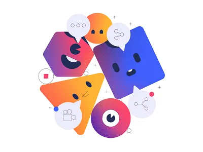 Social Media Sharing Illustration app illustration characters colorful cute eye face film friendly gradient mobile movie share sharing social social media speech stroke talking