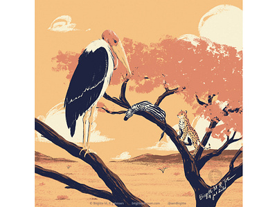 Marabou stork animal art digital art digital illustration huely huely challenge huely2020 hunter and prey illustration landscape leopard limited colour palette limited colours marabou stork savannah stork zebra