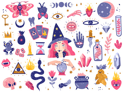 Magic icons doodles set bat cartoon collection design doodles halloween holiday illustration items knife magic magical mystery mystic set skull tarot vector witch wizard