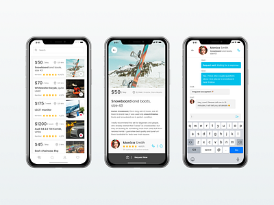 Rental Mobile App apple blue chat grey iphone minimal mobile mockup mockups poland rental rental app rentals sell snowboard