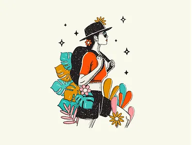 Adventure Woman adventure backpacking colorful desert fashion feminine flowers hands hat hiker hiking monstera plants shades shorts space stars sunglasses woman woman illustration