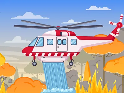 Firefighters composition burning cartoon firefighters forest helicopter illustration vector