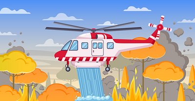 Firefighters composition burning cartoon firefighters forest helicopter illustration vector