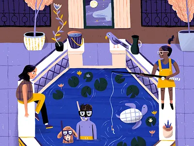 Night Swimming character drawing editorial illustration kids people picture book pool swim texture