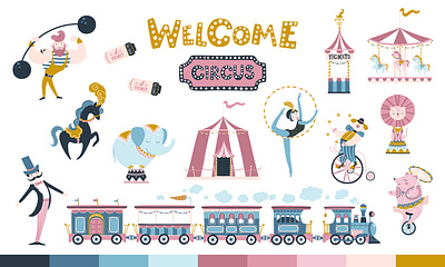 Vintage circus. Vector cartoon set