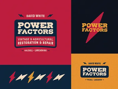Power Factors Branding bolt brand branding car crest emblem factors farming identity lightning logo logomark logotype mustard navy blue power red retro thunder vintage