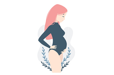 Pretty pregnant with pink hair in a black bodysuit cartoon color cute design figure fitness illustration logo minimal modern mom mother mum nature pink hair pregnant sketch vector