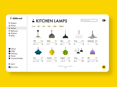 Golden Watt - Lamp Store Website Concept | Product listing page concept e commerce shop flat illustration lamps minimal product list product listing product page shopping store design ui ux vector web website website design