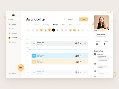 Teacher Availability Calendar agenda availability calendar clean dashboard e learning education english feed learning menu navigation overview platform schedule timeline tracker ui visual widelab