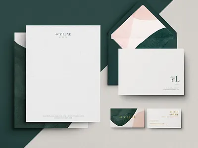 Stationery for 44th & Luxe abstract brand assets brand identity business card elegant emerald feminine gold foil illustration letterhead logo notecard stationery watercolor wedding